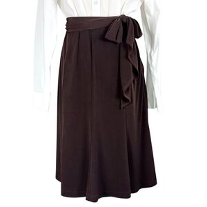 VINTAGE Midi Flair Skirt A Line Flowy Wrap Bow Belt Chocolate Size M Petite